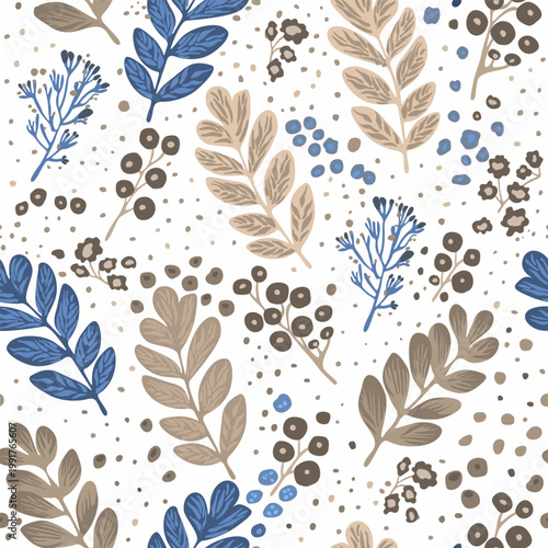 Floral seamless pattern design featuring blue and beige colored leaves.
