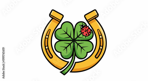 A golden horseshoe cradles a vibrant green four-leaf clover adorned with a tiny ladybug