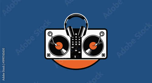 A graphic illustration of a DJ setup with two turntables, headphones, and a mixer