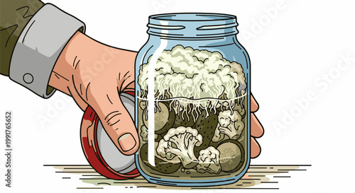 A hand holds a jar of pickled vegetables, including cauliflower and cucumbers, ready for preservation