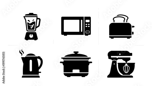 Kitchen appliances icon set, black silhouette household electronics collection, 6 vector symbols of microwave, blender, toaster and kettle for home cooking