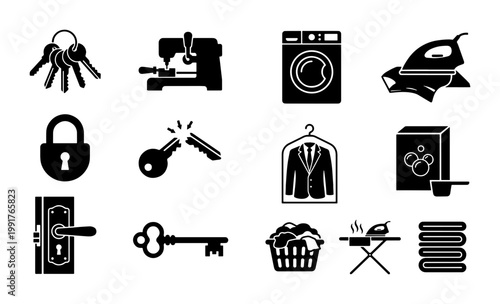 Household service icons set, laundry and locksmith silhouette symbols, 12 vector elements for dry cleaning and home repair maintenance