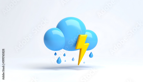 A stylized 3D rendering depicts a stormy cloud with a bright yellow lightning bolt and falling raindrops.