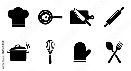 Kitchen utensil icons set, black culinary tool silhouettes, 8 cooking equipment vector symbols for restaurant menu and food blog design