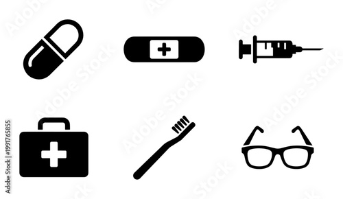 Medical icon set with black silhouette symbols, healthcare and pharmacy vector elements, first aid kit and medicine icons for hospital app design