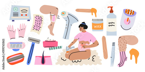 Body care and hair removal equipment, razor, epilator, tweezers, wax, laser and skin care products. Concept of female hygiene and beauty routine. Vector illustrations