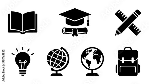 Minimalist education icon set, black school symbols vector collection, graduation cap and book illustrations for academic learning and university study