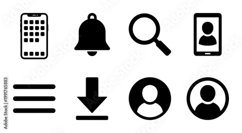 Minimalist black web icons set, modern UI interface symbols for mobile apps, 8 vector flat pictograms for digital navigation and user profile