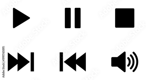 Minimalist media player icon set, black vector playback buttons for video and audio, play pause stop skip and volume symbols for web interface