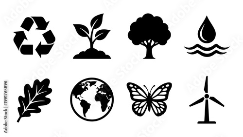 Eco-friendly environment icon set, 8 black vector symbols for sustainability, renewable energy and nature conservation graphics