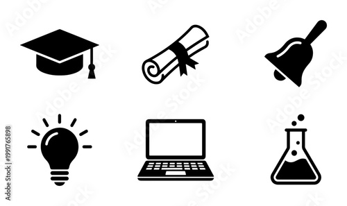 Education icon set with 6 black vector symbols, academic graduation cap and diploma scroll, school bell and science flask, laptop and lightbulb for learning