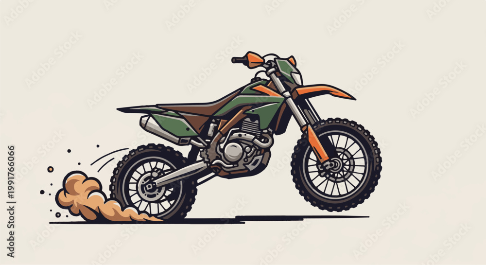 Obraz premium A green and orange dirt bike kicks up dust as it speeds across a light background