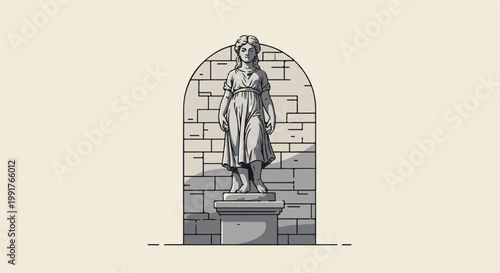 A grayscale statue of a young woman stands within an arched stone wall niche