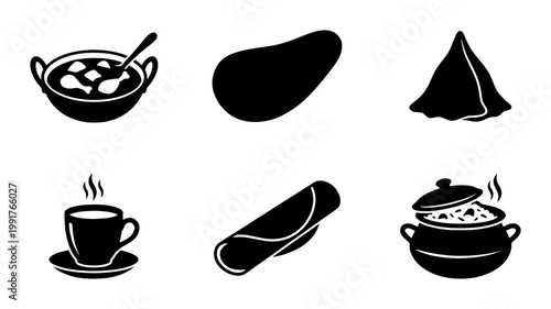 Indian food icon set, traditional cuisine black silhouettes, 6 vector elements including curry, samosa, naan, and masala chai for restaurant menus
