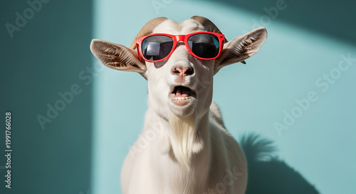White goat wearing bright red sunglasses looks surprised with open mouth against solid teal studio background for animal art.