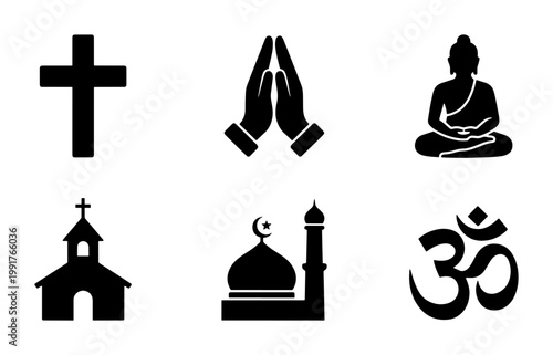 Religious symbols icon set, black silhouette spiritual signs including cross and buddha, 6 flat vector elements for faith and worship design