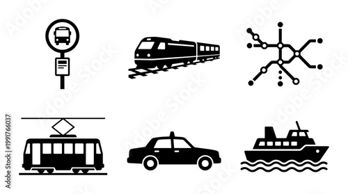 Public transport icon set, black silhouette transportation symbols, set of 6 vector icons for urban travel, city transit and logistics graphics