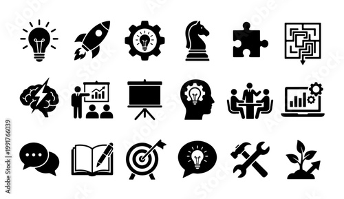 Business strategy and startup icons set, 18 black solid vector symbols for corporate growth, innovation and creative marketing concepts