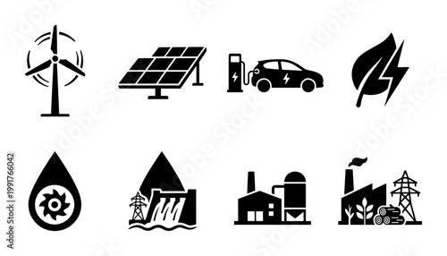 Renewable energy icon set, sustainable power and green technology vector symbols, 8 black flat icons for environmental industry and clean electricity