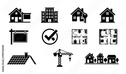Real estate icon set, 11 black vector symbols for property development, house construction and apartment rental business, architectural floor plan icons