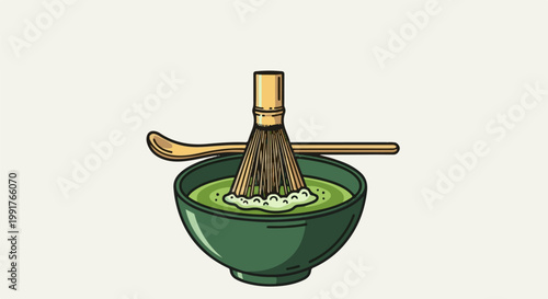 A green bowl of frothy matcha tea with a bamboo whisk and wooden scoop