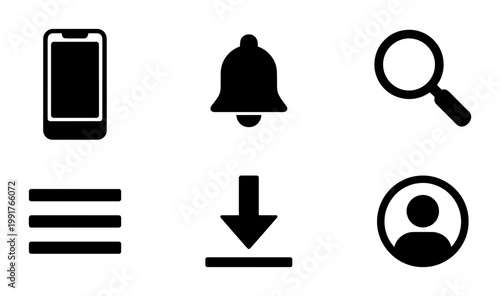 Minimalist black interface icons set, 6 mobile app navigation symbols, flat vector web buttons for smartphone UI and digital software design