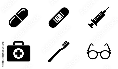 Medical icon set with black silhouette symbols, healthcare equipment collection of 6 vector elements, first aid kit and pharmacy icons for web design