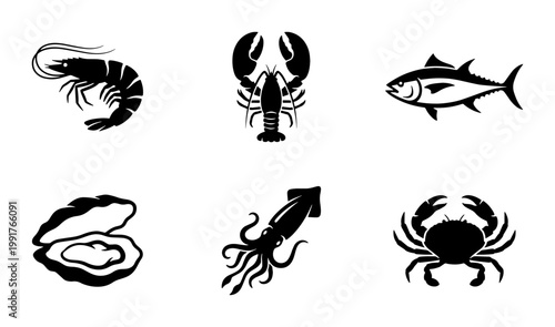 Seafood icon set with 6 black vector silhouettes, marine animal collection featuring shrimp, lobster, tuna, oyster, squid, and crab for restaurant menus