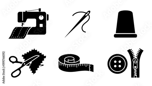 Sewing and tailoring icon set, 6 black vector silhouettes for dressmaking and needlework, sewing machine and craft equipment collection