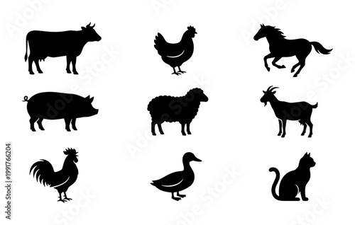 Farm animal silhouettes set of 9 vector icons, black livestock and domestic pet shapes, rustic agricultural animal collection for logo design