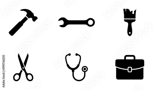 Professional work tools icon set, black silhouette labor and career symbols, 6 vector elements for industry and services, construction and medical icons