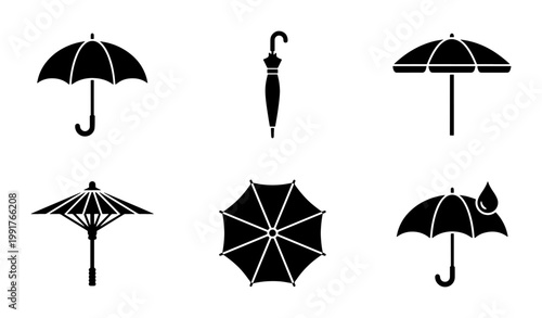 Black umbrella icon set, rainy weather protection symbols, collection of 6 flat vector parasol silhouettes for web design and mobile apps