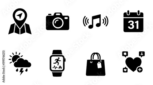 Minimalist black app icons set, 8 flat vector interface symbols. Mobile UI web elements including camera, map, smartwatch, and shopping bag icons.