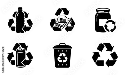 Recycling icon set with 6 black vector symbols, waste management and sorting icons, eco-friendly sustainability graphics for plastic glass and paper