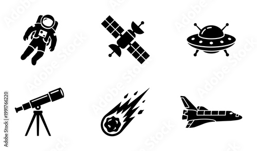Minimalist space exploration icon set, black solid vector symbols of astronaut and rocket, 6 astronomy elements for science infographics