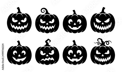 Halloween pumpkin silhouette collection, set of 8 spooky jack o lantern icons, black carved pumpkin faces, creepy holiday vector elements for seasonal decor