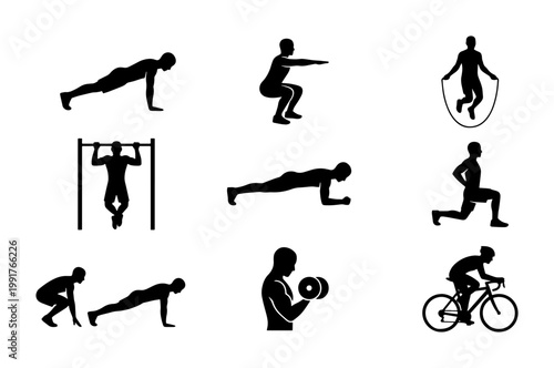 Fitness workout silhouette icons, set of 9 gym exercise vector elements, black athletic man training figures for sports infographic and health app