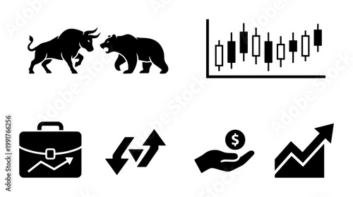 Stock market trading icons set, bull and bear market symbols, financial candlestick chart and investment growth vector graphics for business reports
