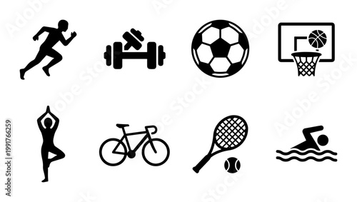 Minimalist sports icon set with 8 black vector symbols, athletic activity and fitness silhouettes, gym and outdoor recreation equipment signs