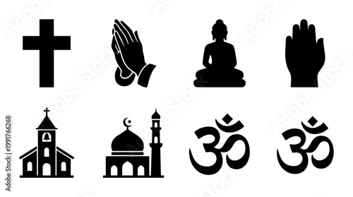 Religious symbols set with 8 black icons, spiritual faith signs including cross and buddha, church and mosque vector silhouettes for worship
