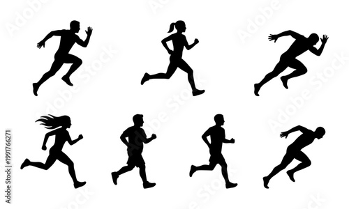 Running people silhouettes set, 7 black vector icons of male and female runners, athletic sprinting and jogging figures for sports design