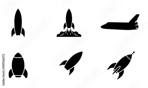 Minimalist rocket ship icons, black silhouette spacecraft vector set, 6 space shuttle and rocket launch symbols for business startup and technology