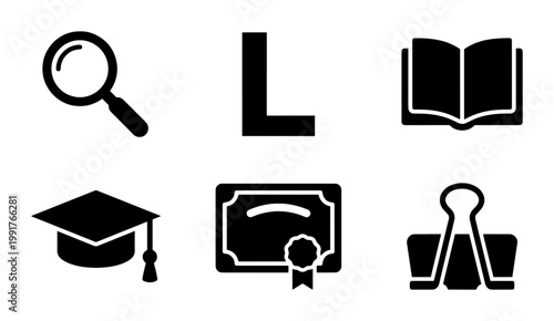 Education and learning icon set, black solid academic symbols, graduation cap and diploma vector collection, school and study elements