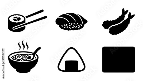 Japanese food icon set with sushi, ramen, and tempura. Black minimalist asian cuisine vector symbols. 6 restaurant menu elements for web design.