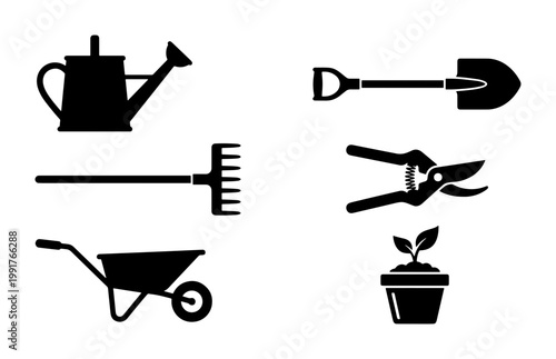 Gardening tools icon set, black silhouette garden equipment collection, watering can and shovel vector illustrations for landscaping design