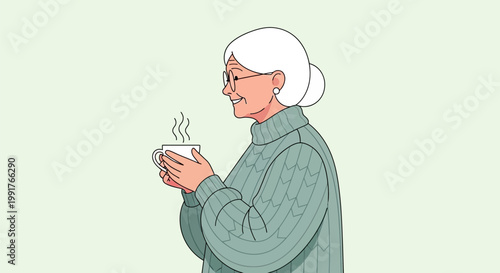 Elderly Woman Enjoying a Warm Beverage in Cozy Sweater.