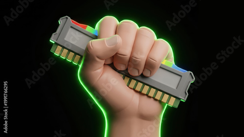 Hand holding high speed computer RAM memory stick glowing green, affordable price