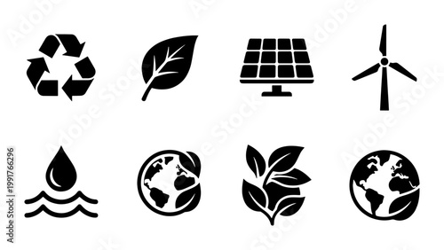Eco friendly icon set with 8 black vector symbols, renewable energy and sustainability icons, recycle and solar power graphics for green environment