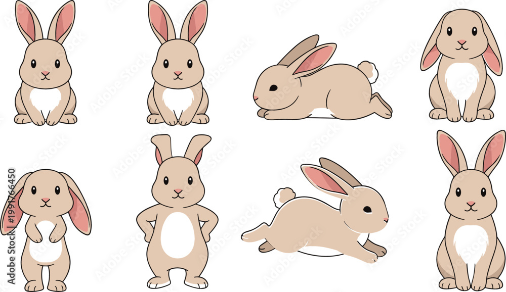 Obraz premium Cute bunny rabbits collection with different poses, adorable cartoon hare characters set in soft vector style isolated on white background