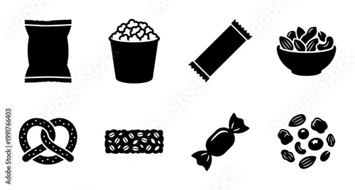 Black snack food icons set, 8 flat vector elements for junk food and healthy treats, popcorn and pretzel symbols, candy and nuts graphics